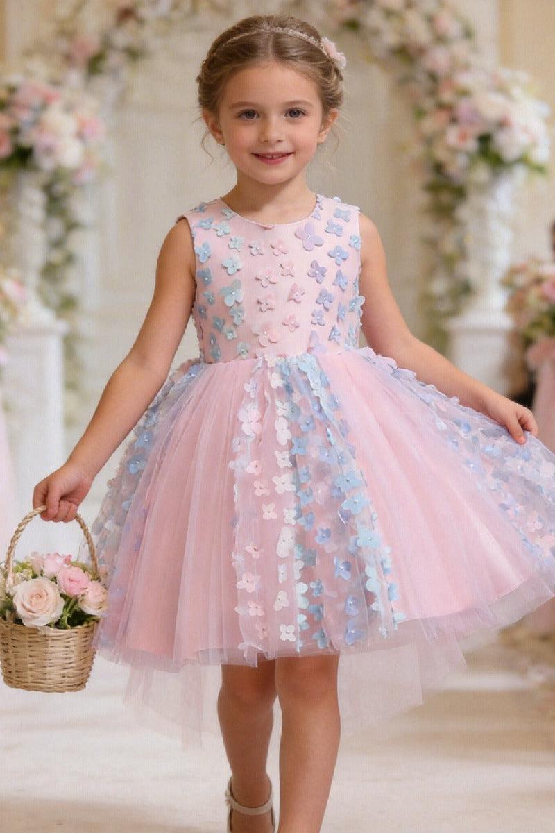Sleeveless Round Neck Floral Appliques High-Low Flower Girl Dresses 1029079751952 - 7 Days / Pink / 80cm - COCOMELODY